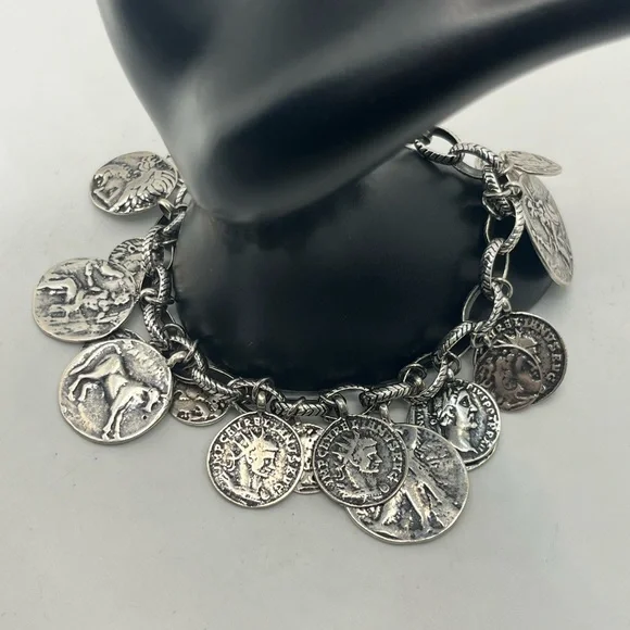 SILPADA Sterling Silver Oxidized Roman Coin Cha Cha Charm Bracelet B1624